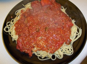 TVP tomato sauce on spaghetti