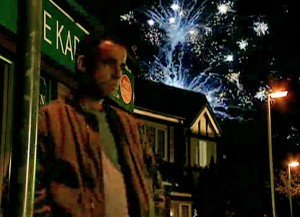 Kevin on Street with fireworks behind him
