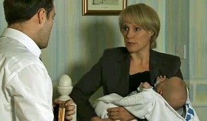 Sally with baby, telling Tyrone about fatherhood