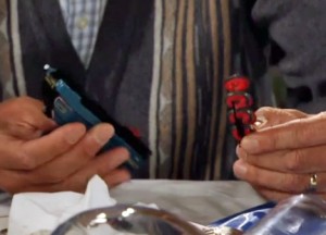 Roy holding broken model train car