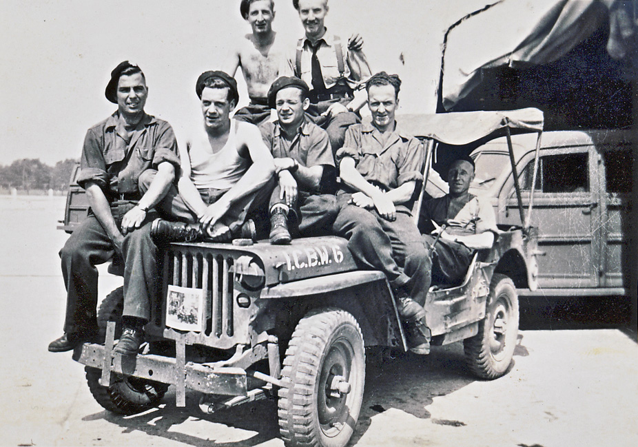 VE Day post, soldiers on Jeep at Camp Borden England 1944