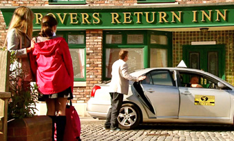 maria and amy watch as steve opens cab door for michelle in front of rovers