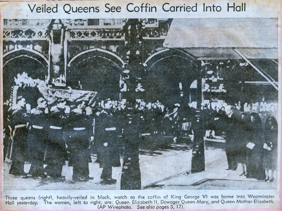 Veiled queens see coffin carried into hall