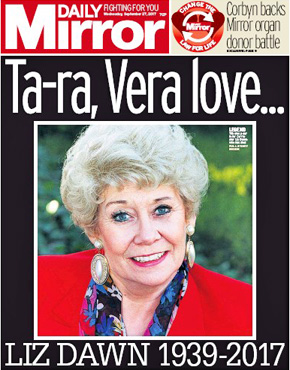Daily Mirror front page 27 Sep 2017 Liz Dawn