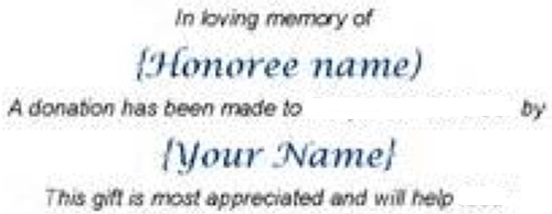 in memory of card for charity donations in memory of