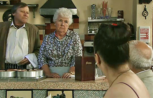 leek-and-potato Sylvia glaring at Mary and Roy placating both - sitcom du jour