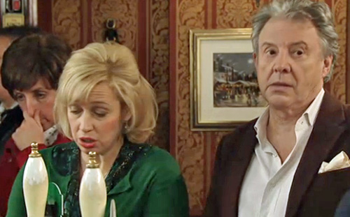 Hayley, Julie and Dennis in Rovers discuss Paul and Eileen